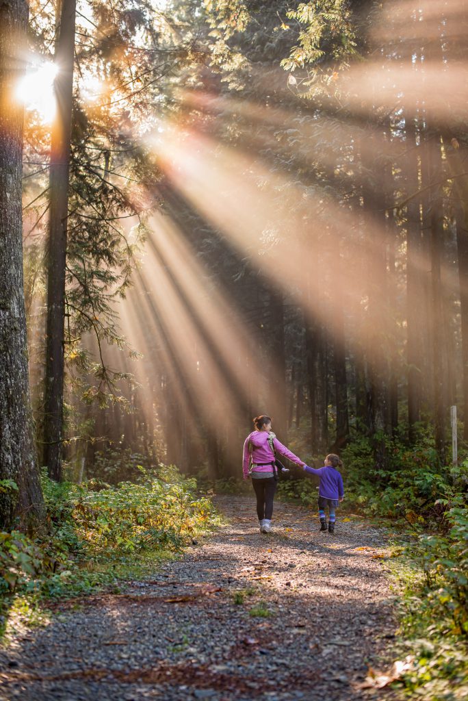 Une mère en promenade avec ses deux enfants dans la forêt